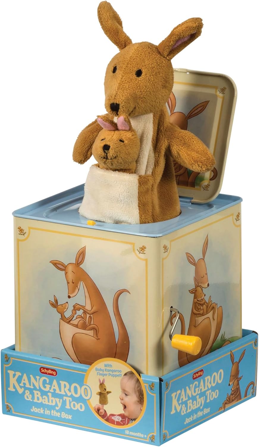 Schylling: Jack in Box - Kangaroo - Classic Pop-Up Music Toy. Momma & Baby Joey Finger Puppet. Plays Song Pop Goes The Weasel. Toddler & Kids 18mo+ - Image 3